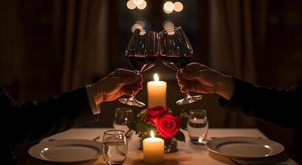 Romantic Couple Toasting Wine at Candlelit Dinner