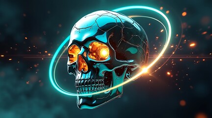 Cybernetic skull merging with holographic digital network and cosmic elements