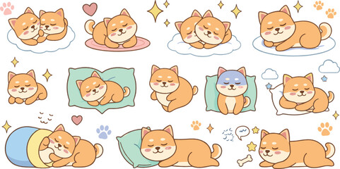 Fototapeta premium Cute Sleeping Shiba Inu Dog Illustration Set with Cozy Pillows and Clouds, Perfect for Nursery Art, Stickers, Clipart, and Kids Designs