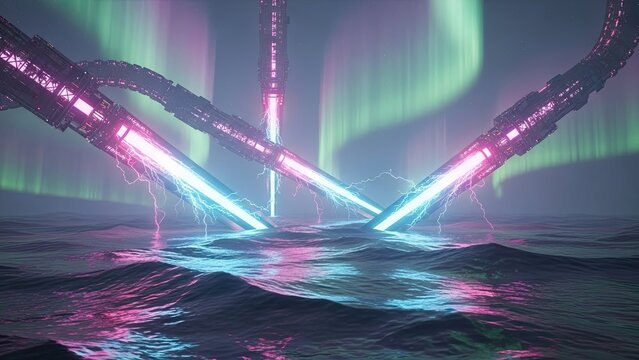 futuristic energy transfer technology illuminating ocean surface under aurora glow