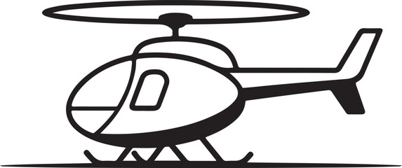 A black and white line drawing of a helicopter in a stationary position.