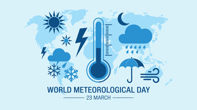 World Meteorological Day Illustration with Weather Icons and Climate Symbols
