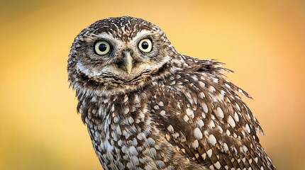 Studio portrait of surprised owl on yellow background concept. A curious little owl gazes intently, showcasing its unique features.