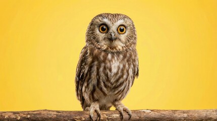 Studio portrait of surprised owl on yellow background concept. A curious owl perched on a branch against a vibrant yellow background.