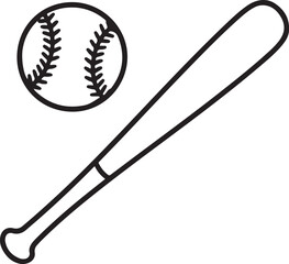 A black and white illustration of a baseball and a baseball bat.