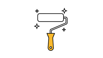 Obraz premium Paint roller tool with yellow handle and black outline surrounded by sparkling stars for home renovation and DIY projects.