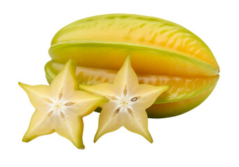 Fototapeta premium Fresh ripe carambola slices and starfruit isolated on a white background create a healthy tropical snack full of sweet juicy vitamins