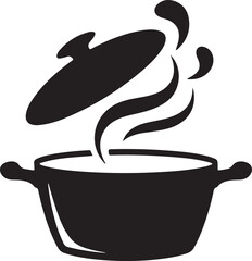 A black and white illustration of a pot with a lid and steam rising from it.
