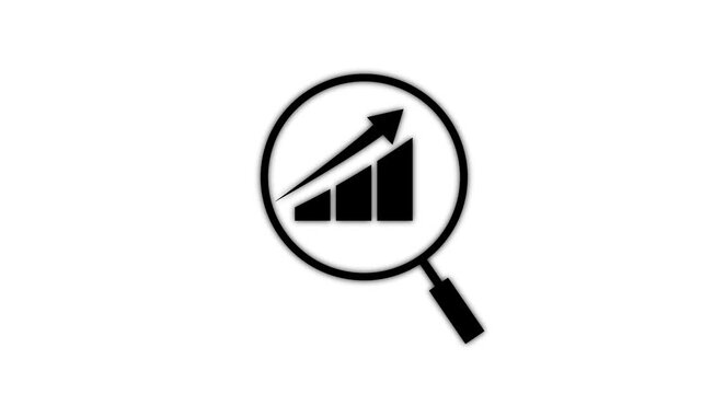 Market research icon animation. Animated line growing graph chart inside magnifying glass. Competitor analysis. Loop 4k video with alpha channel, on white background.