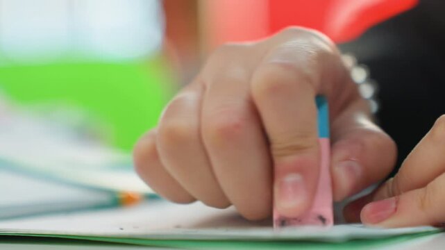 Student erasing pencil marks on paper with pink eraser, closeup hands and bracelet showing precise correction motions on homework frames alternate between careful editor, perfectionist reviser