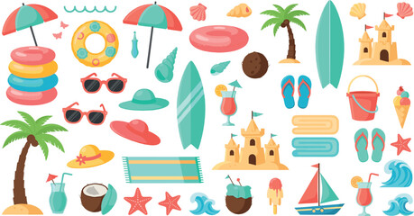 Cute summer beach and vacation elements vector set with umbrellas, surfboards, ice cream and tropical accessories, colorful flat illustration for kids designs