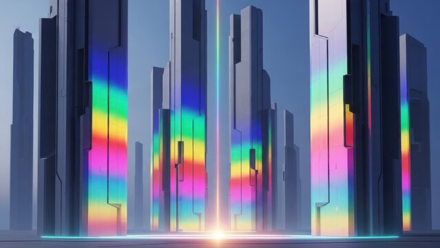 Futuristic cityscape with glowing neon skyscrapers and vibrant rainbow reflections