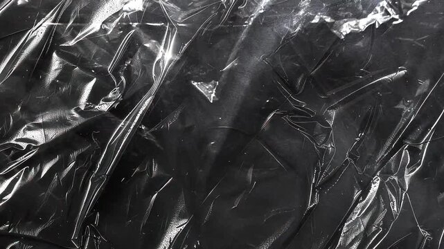 Close up abstract of black plastic wrap texture reflecting light creating lines and shadows.