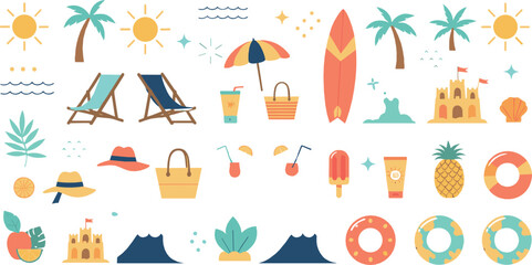 Cute Summer Beach Icon Illustration Set with Palm Trees, Sun Loungers, Surfboard, Ice Cream, Sandcastle, and Tropical Vacation Elements