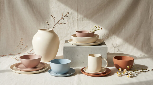 Collection of handmade ceramic tableware with plates, bowls and mugs in earth tones, aesthetic pottery still life with natural sunlight and shadows for home decor branding