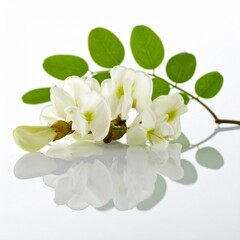 Obraz premium Close-up of delicate white flowers with green leaves reflected on a glossy white surface