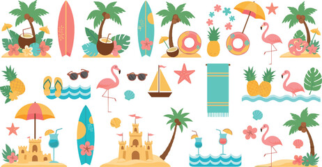 Cute Summer Beach Illustration Set with Tropical Palm Trees, Flamingos, Surfboards, Sandcastles, Seashells, and Vacation Elements for Seasonal Designs