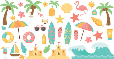 Naklejka premium Cute Summer Beach Illustration Set with Tropical Elements, Palm Trees, Flamingo, Surfboards, Seashells, Sandcastles, Waves, and Vacation Icons