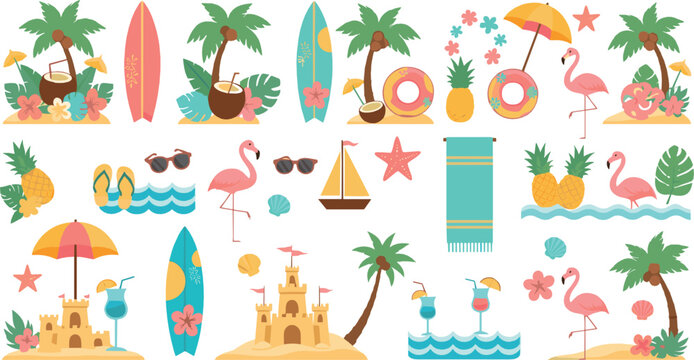Cute Summer Beach Illustration Set with Tropical Palm Trees, Flamingos, Surfboards, Sandcastles, Seashells, and Vacation Elements for Seasonal Designs