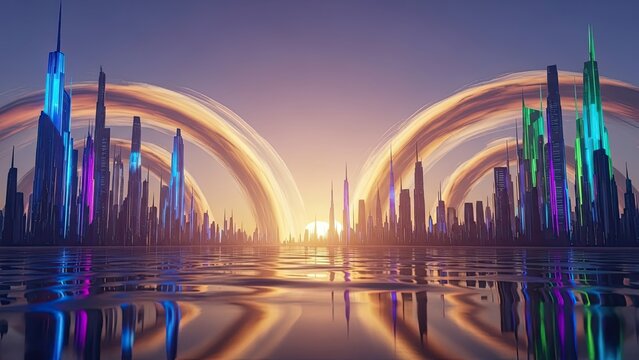 futuristic cityscape with glowing skyscrapers and dynamic light arcs at sunset in a vibrant