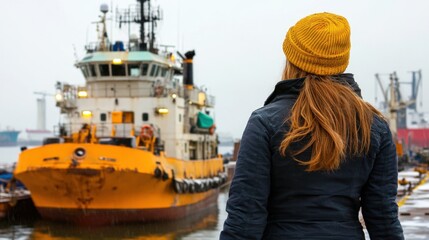 Woman in Yellow Beanie at Shipyard Dock