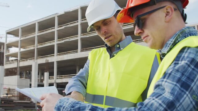 Professional engineers in hard hats and safety vests reviewing architectural blueprints at a large building construction site. Construction workers and site managers discussing project plans and