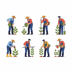 Obraz premium Set of 8 flat illustrations showing male farmers engaged in various agricultural activities: watering plants, tending crops, and harvesting fresh vegetables.