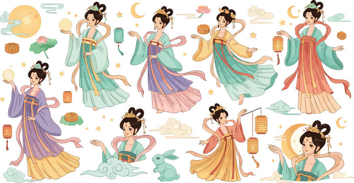 Elegant Chinese Goddess Illustration Set with Ancient Women in Flowing Hanfu Dresses, Moon, Lanterns, Clouds, and Mythical Fantasy Elements