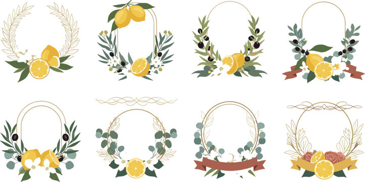 Elegant lemon wreath and floral frame collection with botanical leaves, ribbons and citrus elements, decorative flat vector illustration for invitations, labels and branding