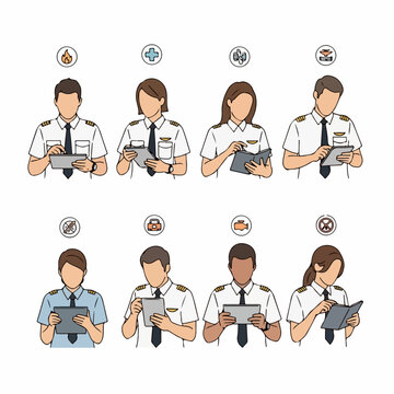 Aviation crew members performing pre-flight checks and procedures using EFB tablets, illustrated with related safety icons.