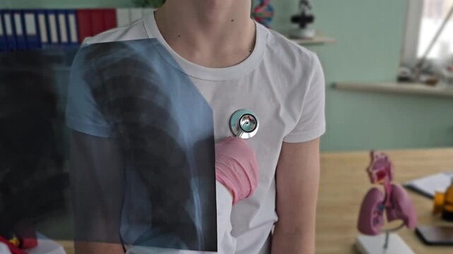 X-ray shows chest area with focus on lungs and heart during a medical examination in a clinic setting
