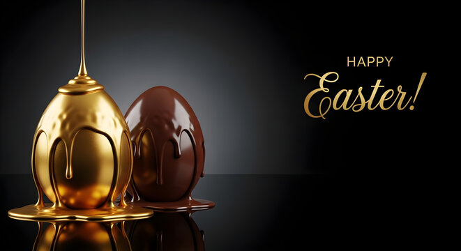 Golden and chocolate Easter eggs with dripping liquid, set on reflective black background with Happy Easter typography, for holiday greeting cards and luxury banners