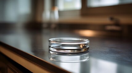 A clear glass petri dish rests on a reflective dark laboratory counter with shallow depth of field