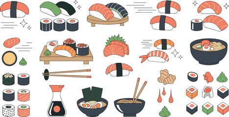 Japanese Sushi and Asian Food Illustration Set with Nigiri, Maki Rolls, Sashimi, Ramen Bowls, Soy Sauce, Chopsticks, and Traditional Cuisine Elements © Sanjida