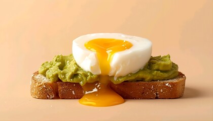 Healthy breakfast avocado toast with soft boiled egg and flowing yolk, minimalist culinary photography on a warm pastel background, nutritious morning meal concept.