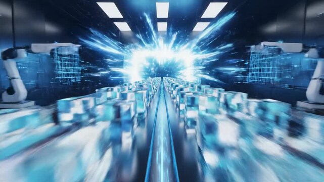 Seamless loop of abstract supply box shapes rapidly flowing down a high-tech digital conveyor belt illustrating fast and efficient logistics and delivery systems charity, seamless loop, giving concept