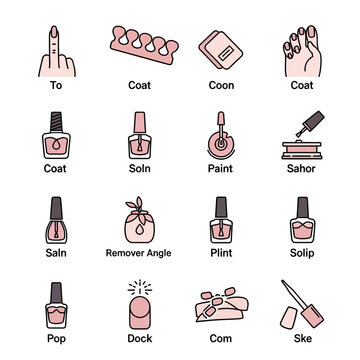 Collection of nail care icons depicting various manicure and pedicure elements.