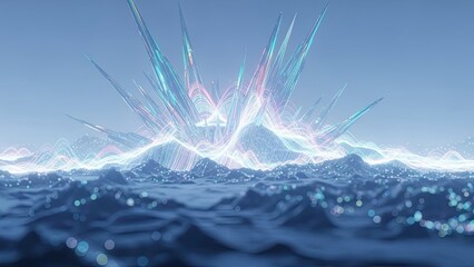 Futuristic Digital Ocean Explosion with Radiant Light Spikes in a High-Tech Simulation Scene