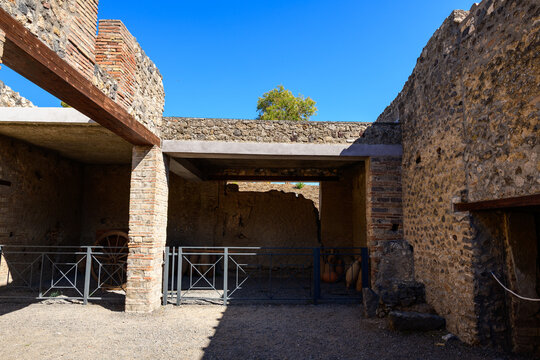A sunlit Roman storeroom in the House of Menander, Pompeii, Italy, features weathered stone walls, exposed brick, and terracotta amphorae arranged in shadowed alcoves. The open structure and clear