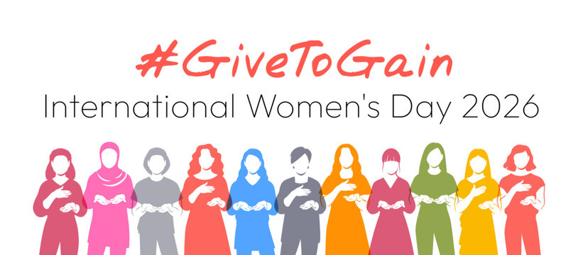 Give to Gain campaign pose. International Women's Day 2026. Diverse women demonstrate open palms giving gesture, with hand on their hearts to show generosity, collaboration and support for all women