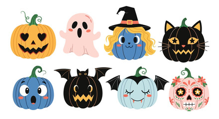 Fototapeta premium A collection of cute and spooky Halloween-themed pumpkins and characters, including a jack-o'-lantern, ghost, witch, black cat, bat, vampire, and sugar skull.