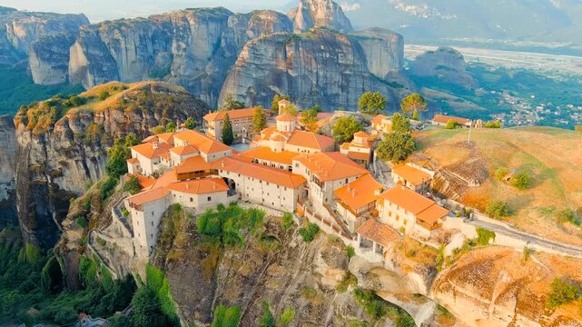 Meteora, Kalabaka, Greece. Monastery of the Transfiguration of the Saviour. Meteora - rocks, up to 600 meters high. There are 6 active Greek Orthodox monasteries listed on the UNESCO list. Drone foot