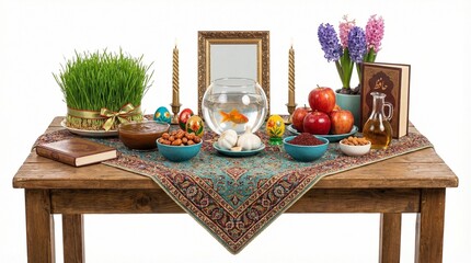 Nowruz haft sin table with goldfish bowl and spring hyacinths, rustic wooden setting for Persian New Year celebration, colorful symbols of renewal and family tradition
