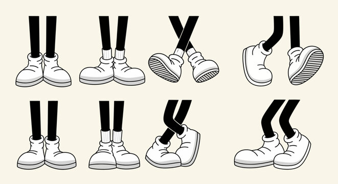 A collection of cartoon legs and feet in various poses, showcasing different movements and styles.