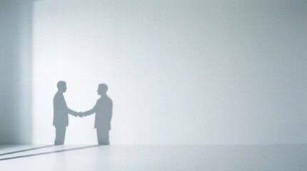 Obraz premium Two businessmen shaking hands in a bright minimalist room symbolizing partnership and agreement.