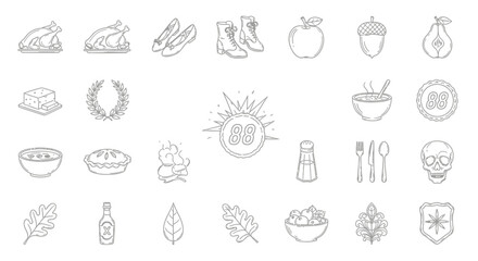 A collection of line art icons representing Thanksgiving and autumn themes, including food, nature, and decorative elements. © Jonan