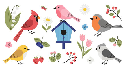 A charming collection of colorful birds, flowers, and berries set against a white background, evoking a sense of spring and nature's beauty. © Jonan
