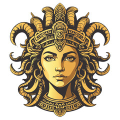 a golden medusa head looking forward with a Mayan Border 