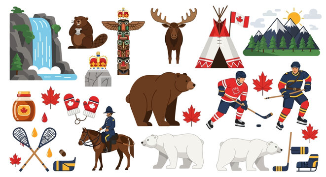 A vibrant collection of Canadian symbols and icons, including wildlife, sports, and natural landscapes, presented in a flat design style.