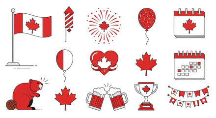A collection of Canadian-themed icons including a flag, fireworks, balloons, calendars, a beaver, maple leaves, beer mugs, a trophy, and bunting.